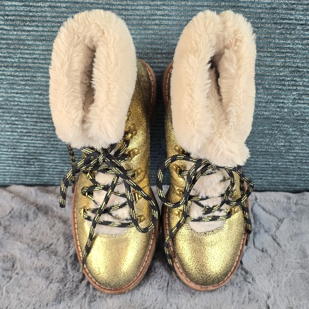 J Crew Gold Metallic Winter Shearling Boots, Wedge Crepe Sole,  Womens Sz 6